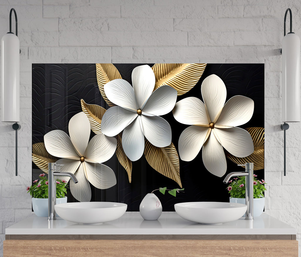 a wall mural of white flowers on a black background