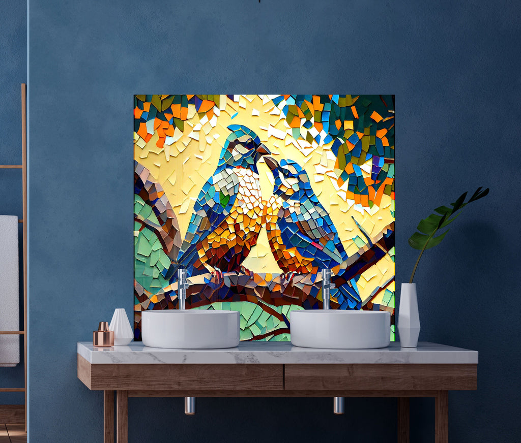 a painting of a bird sitting on a tree branch