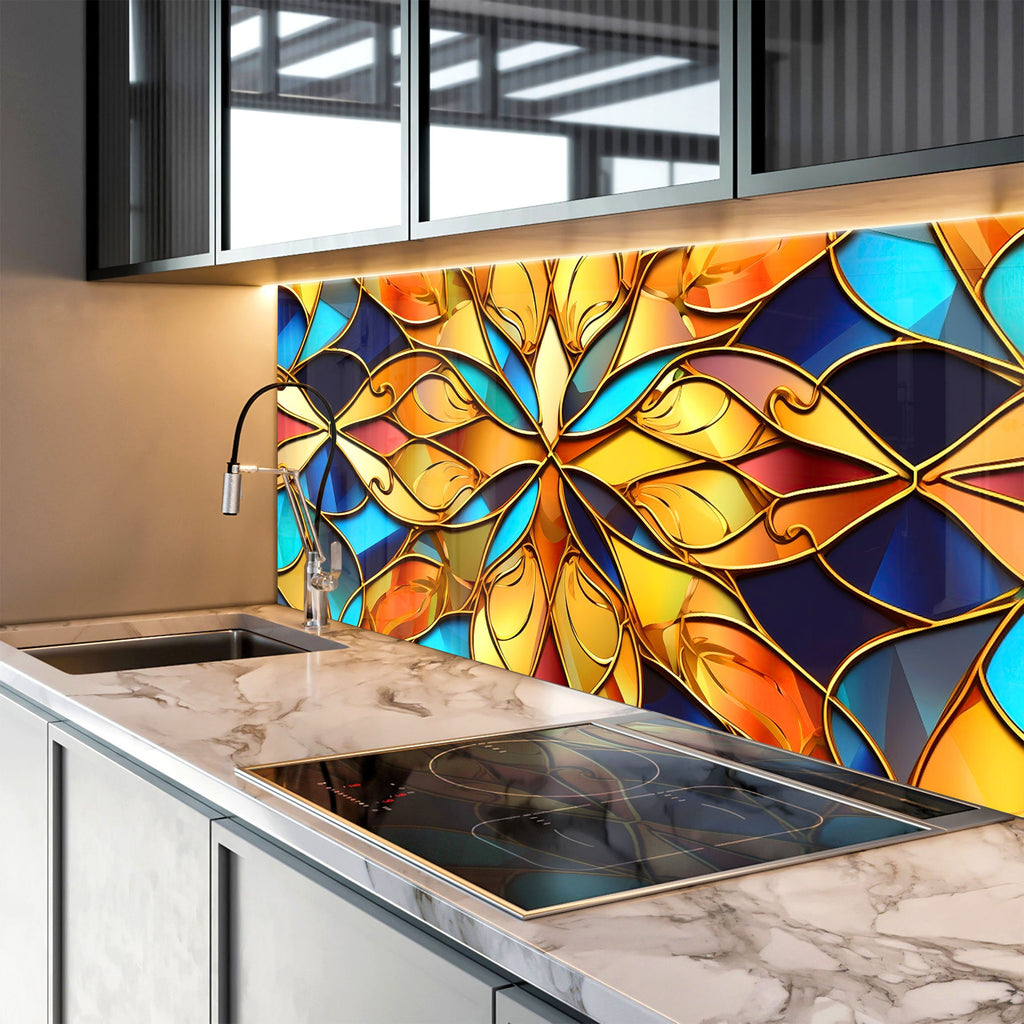 a kitchen counter with a sink and a colorful tile backsplash