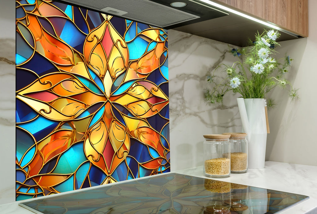 a kitchen counter with a vase of flowers on top of it