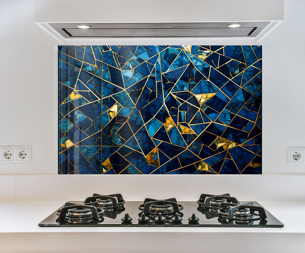 a picture of a blue and gold painting on a wall above a stove