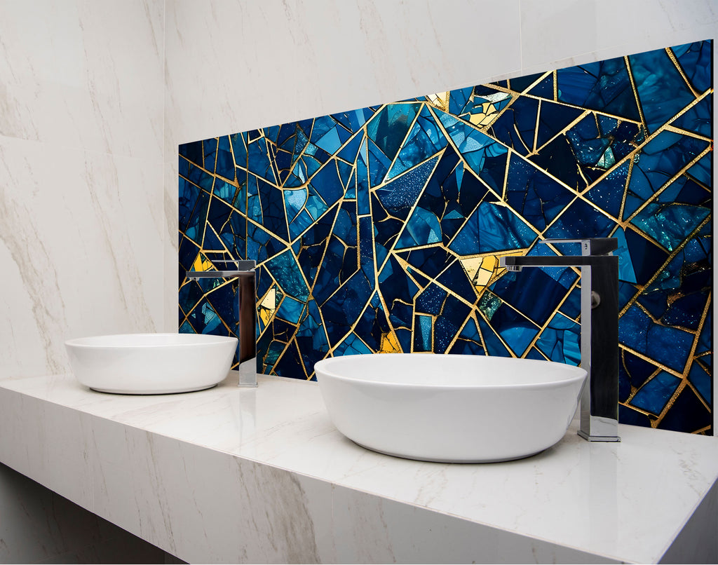 a bathroom with two sinks and a mosaic wall