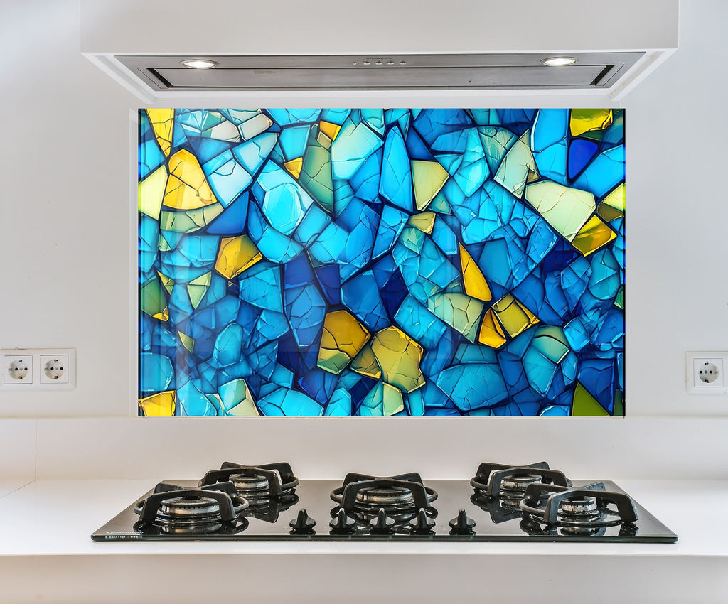 a picture of a blue and yellow painting on a wall above a stove