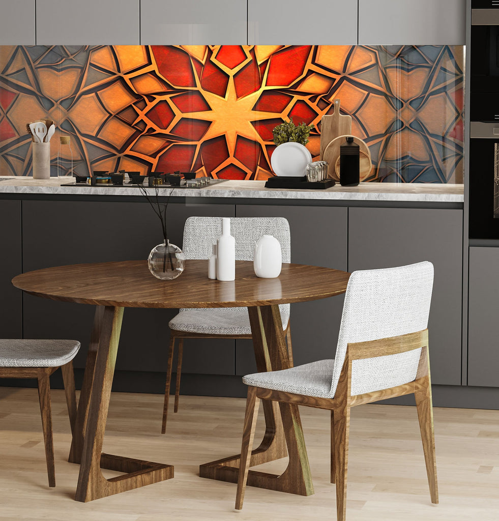 a kitchen with a table and chairs and a painting on the wall