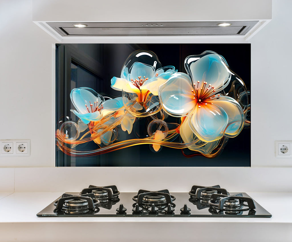 a picture of a flower on a wall above a stove