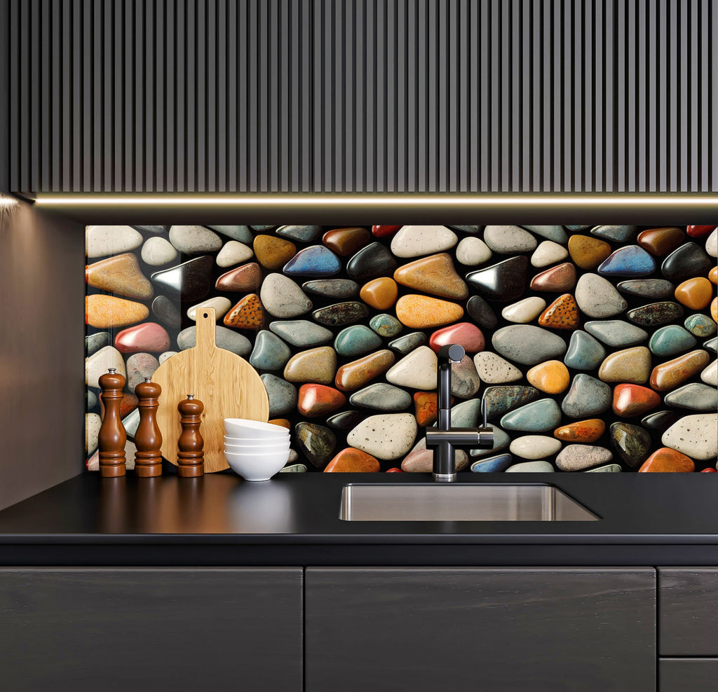 a kitchen counter topped with a sink and a counter top covered in rocks