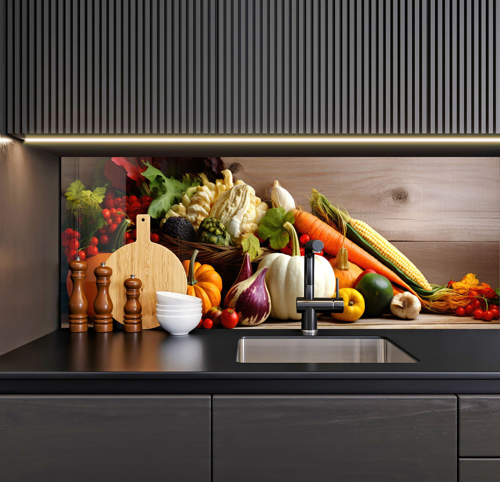 a kitchen counter with a bunch of vegetables on it