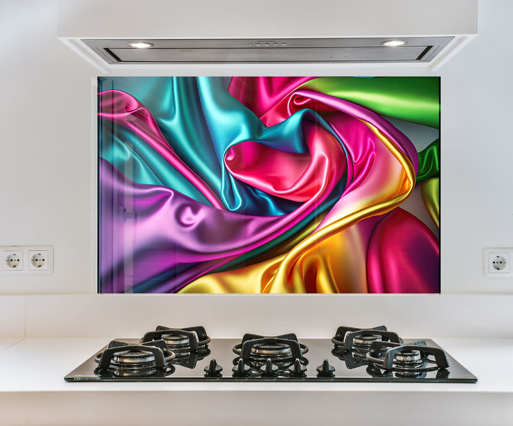 a picture of a colorful painting on a wall above a stove