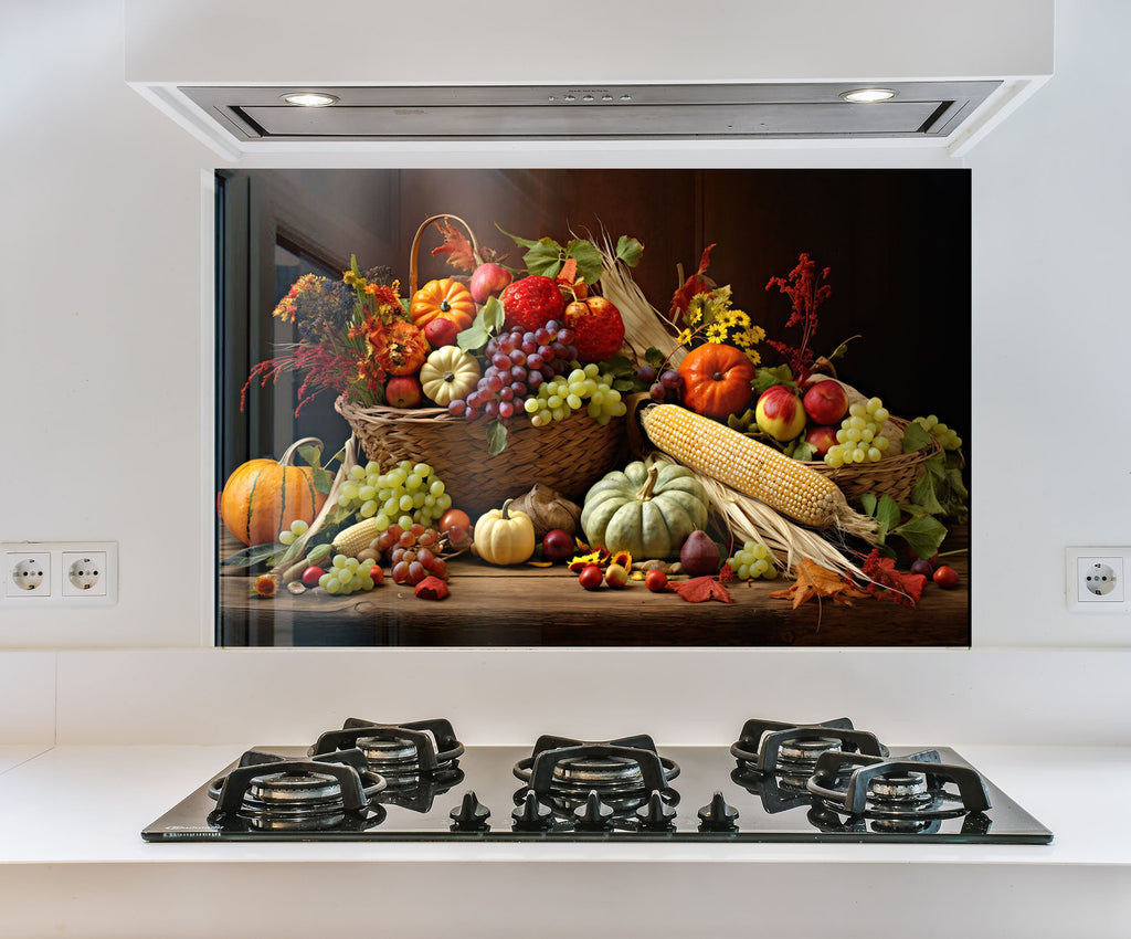 a painting of a basket of fruit on a stove