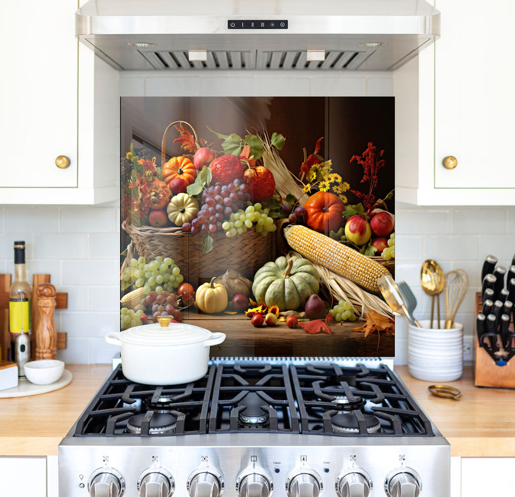 a painting of a basket of fruit on a stove