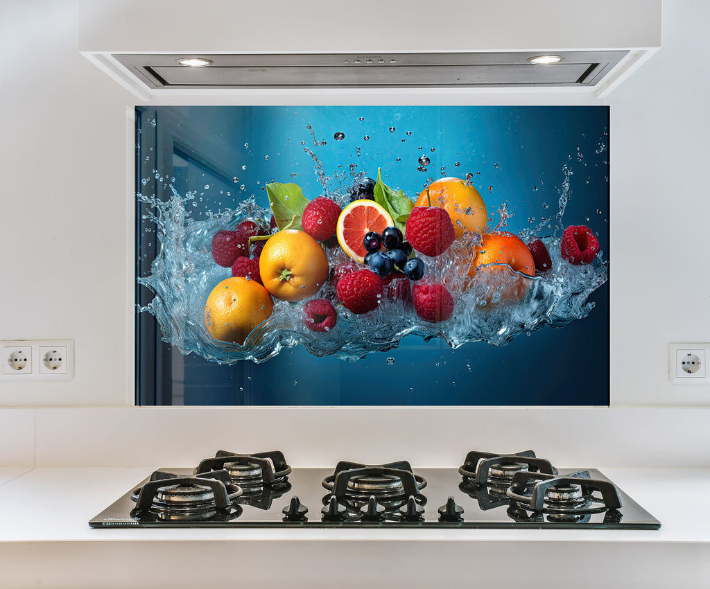 a picture of fruits falling into the water