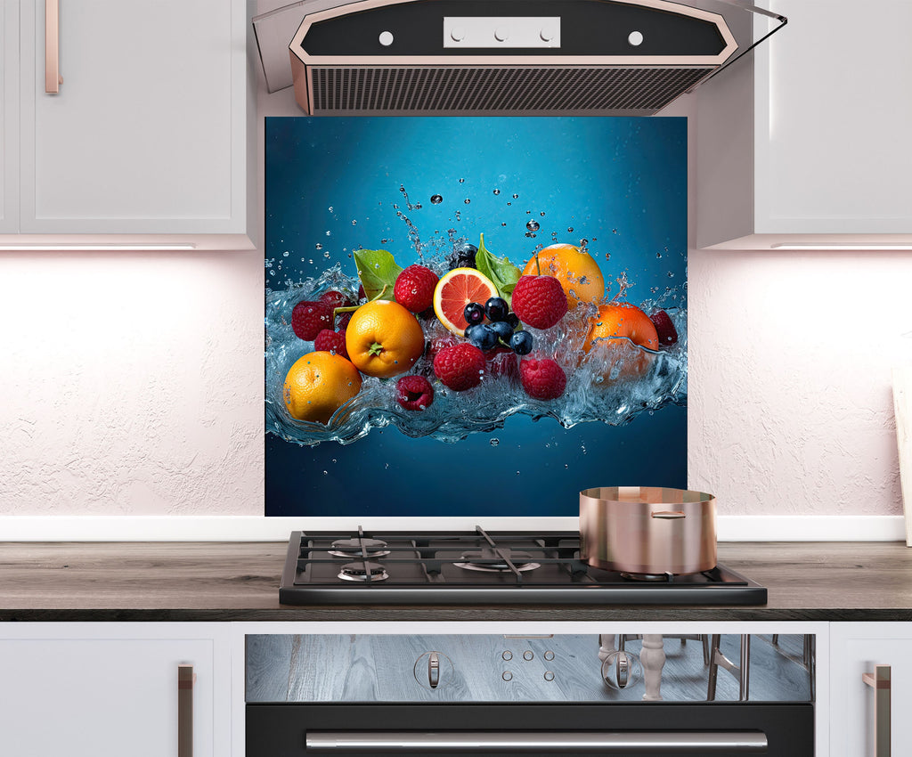 a stove top oven sitting under a painting of fruit