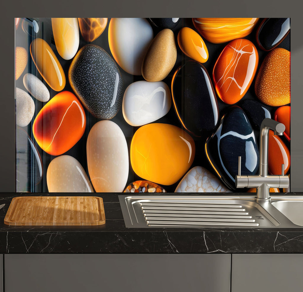 a kitchen counter with a sink and a painting on the wall