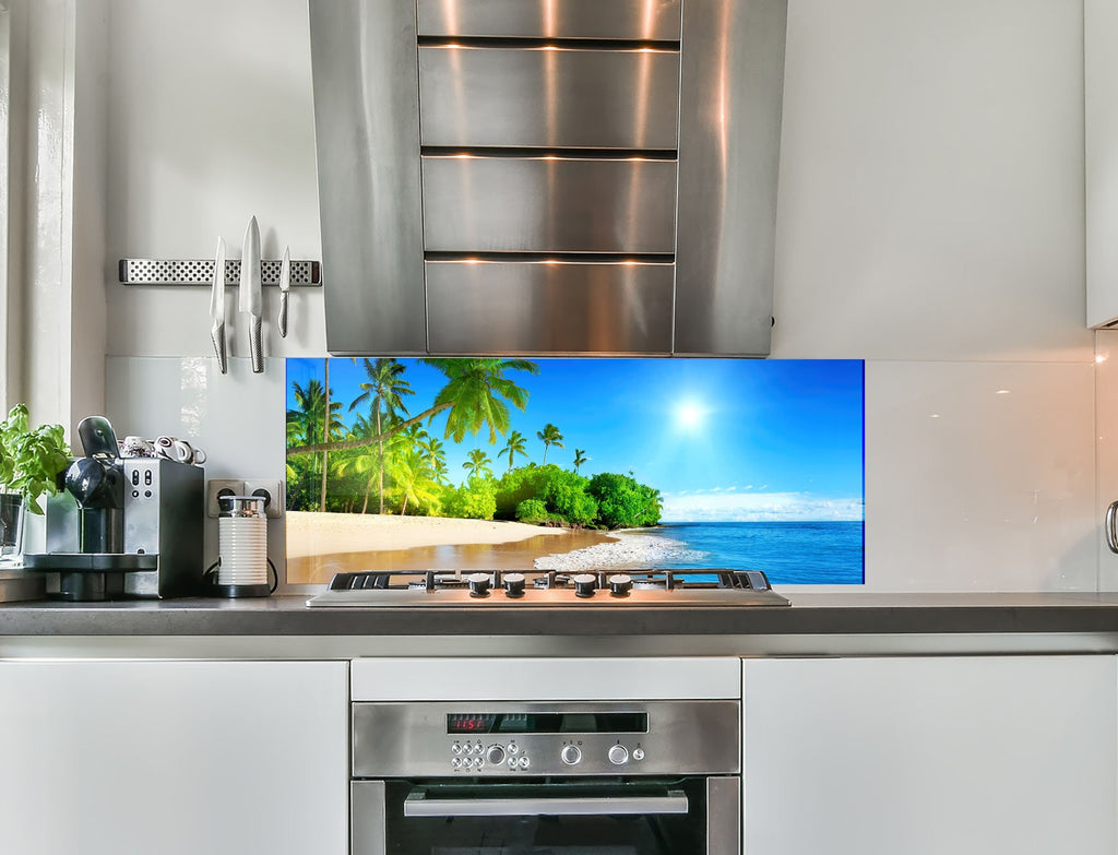 a kitchen with a large television on the wall