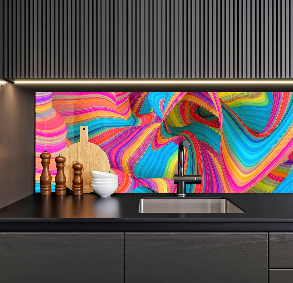 a kitchen counter with a sink and a painting on the wall