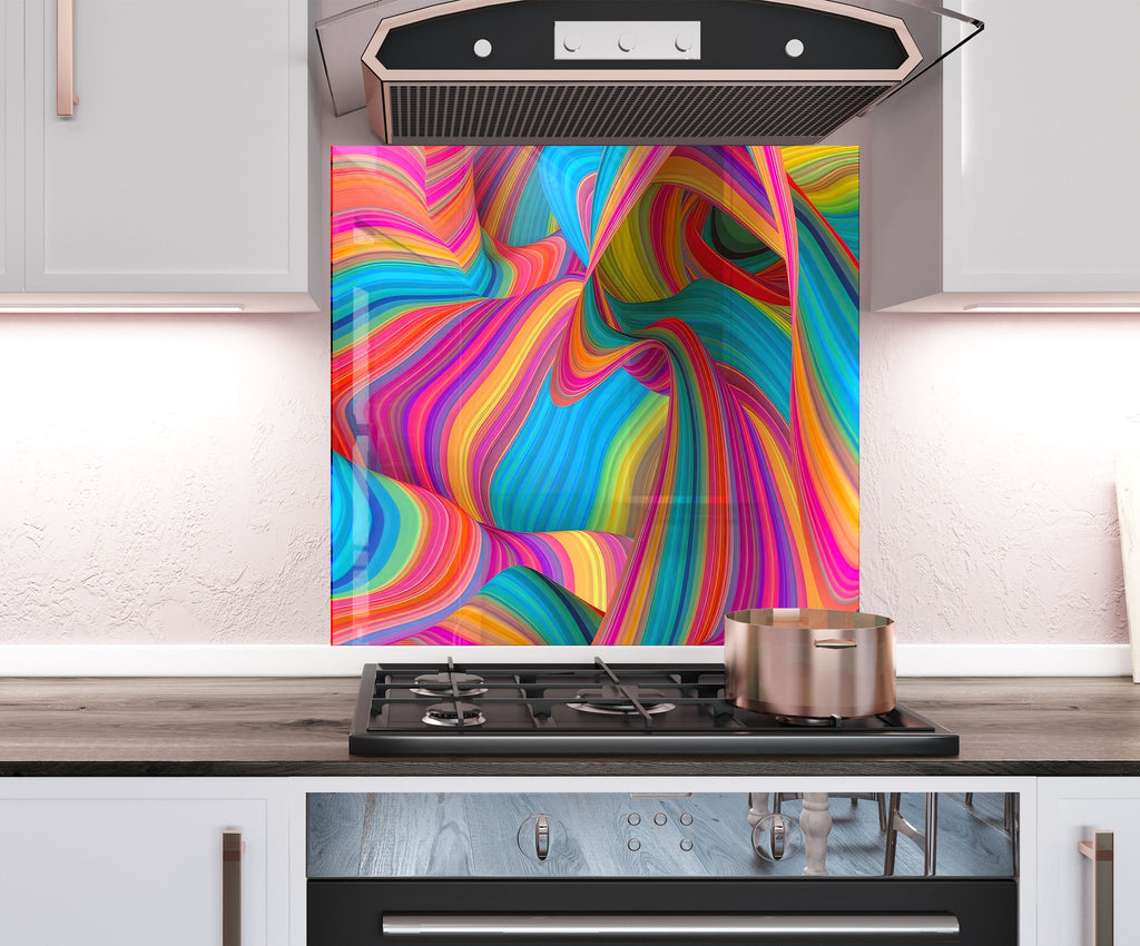 a stove top oven sitting under a colorful painting