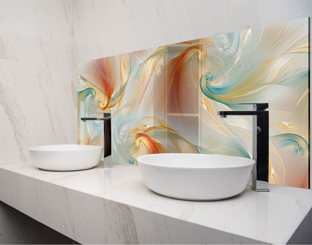 two white bowls on a counter with a marble wall behind them