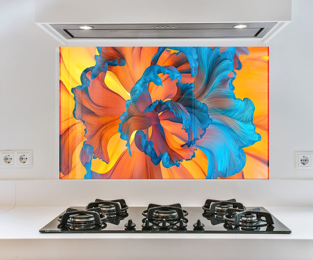 a picture of a flower on a wall above a stove