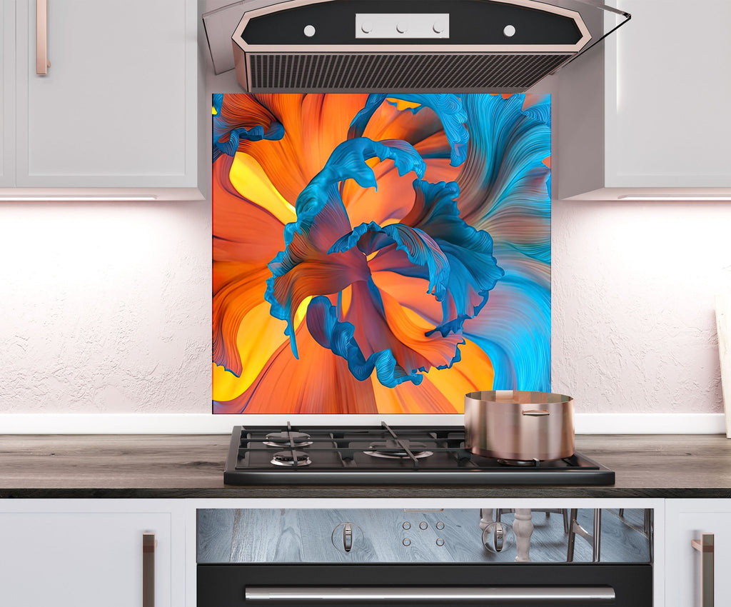 a kitchen stove with a painting on the back of it