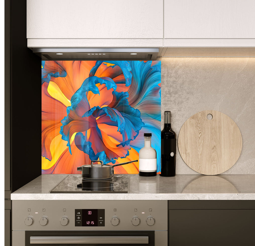 a stove top oven sitting under a painting on a wall