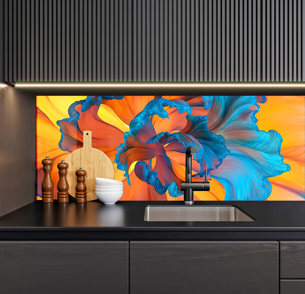 a kitchen counter with a painting behind it