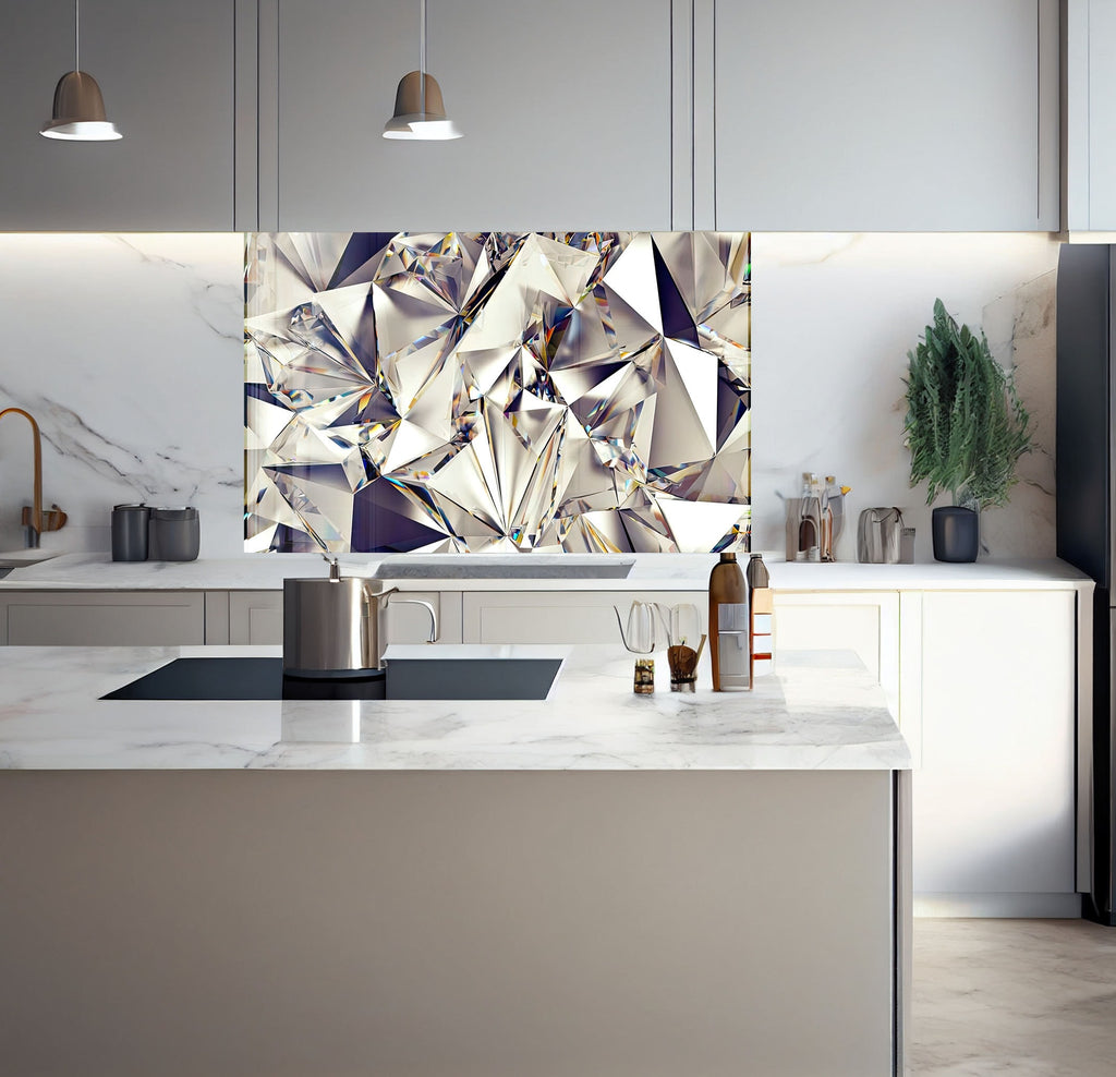 a kitchen with a marble counter top and a painting on the wall