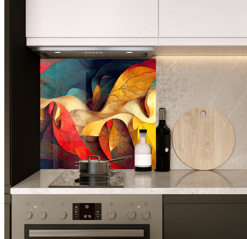 a stove top oven sitting under a painting on a wall