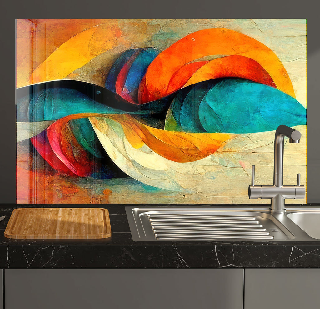 a painting on a wall above a kitchen sink