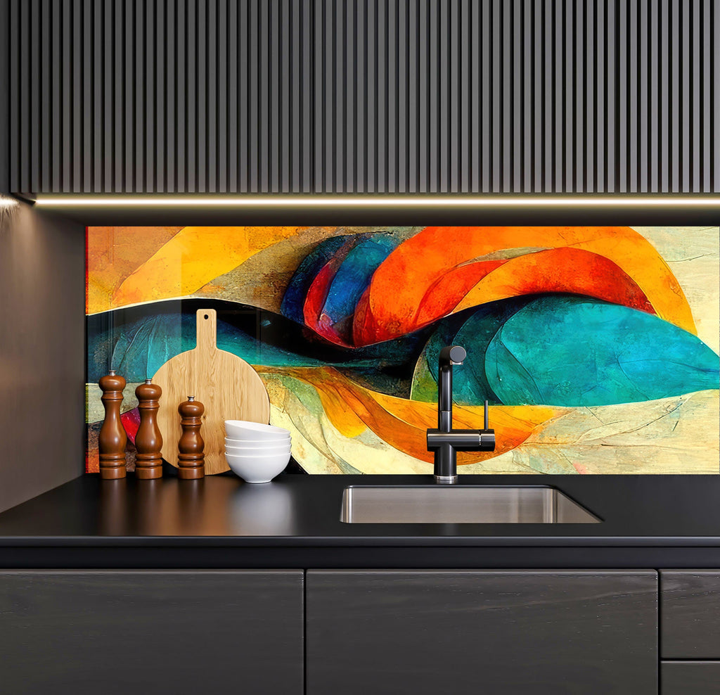 a painting on a wall behind a kitchen sink