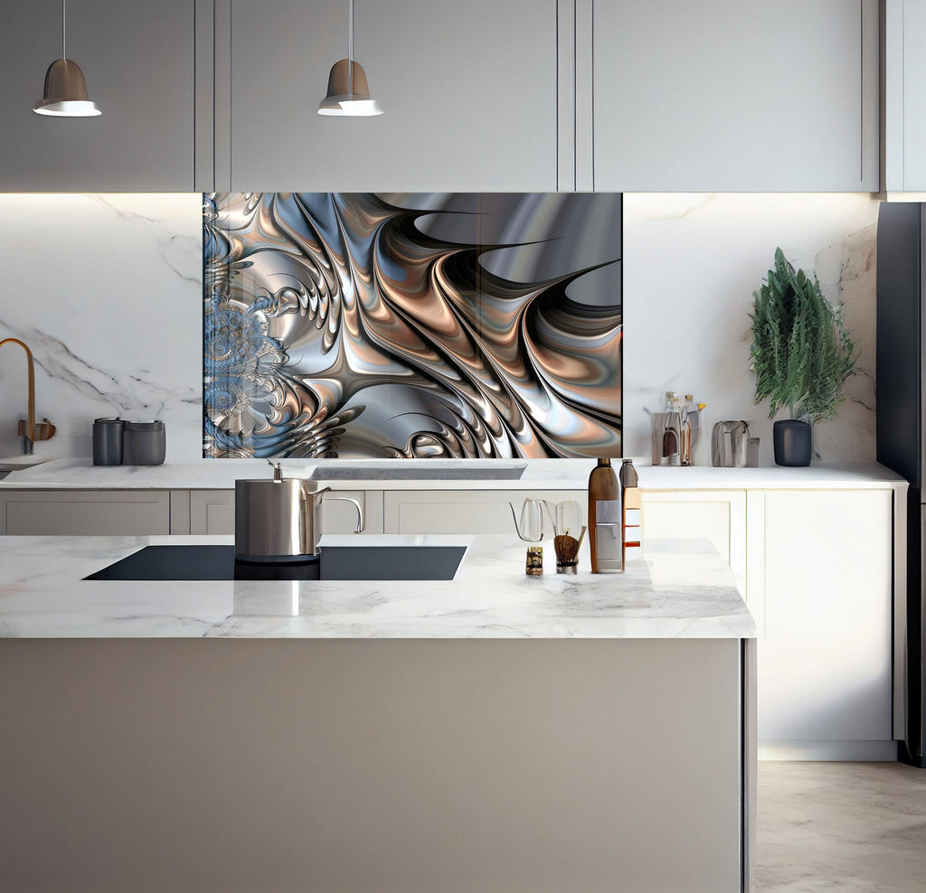 a kitchen with marble counter tops and white cabinets