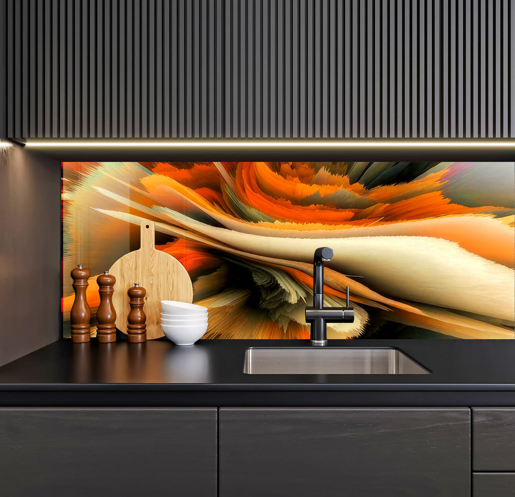 a kitchen with a sink and a painting on the wall