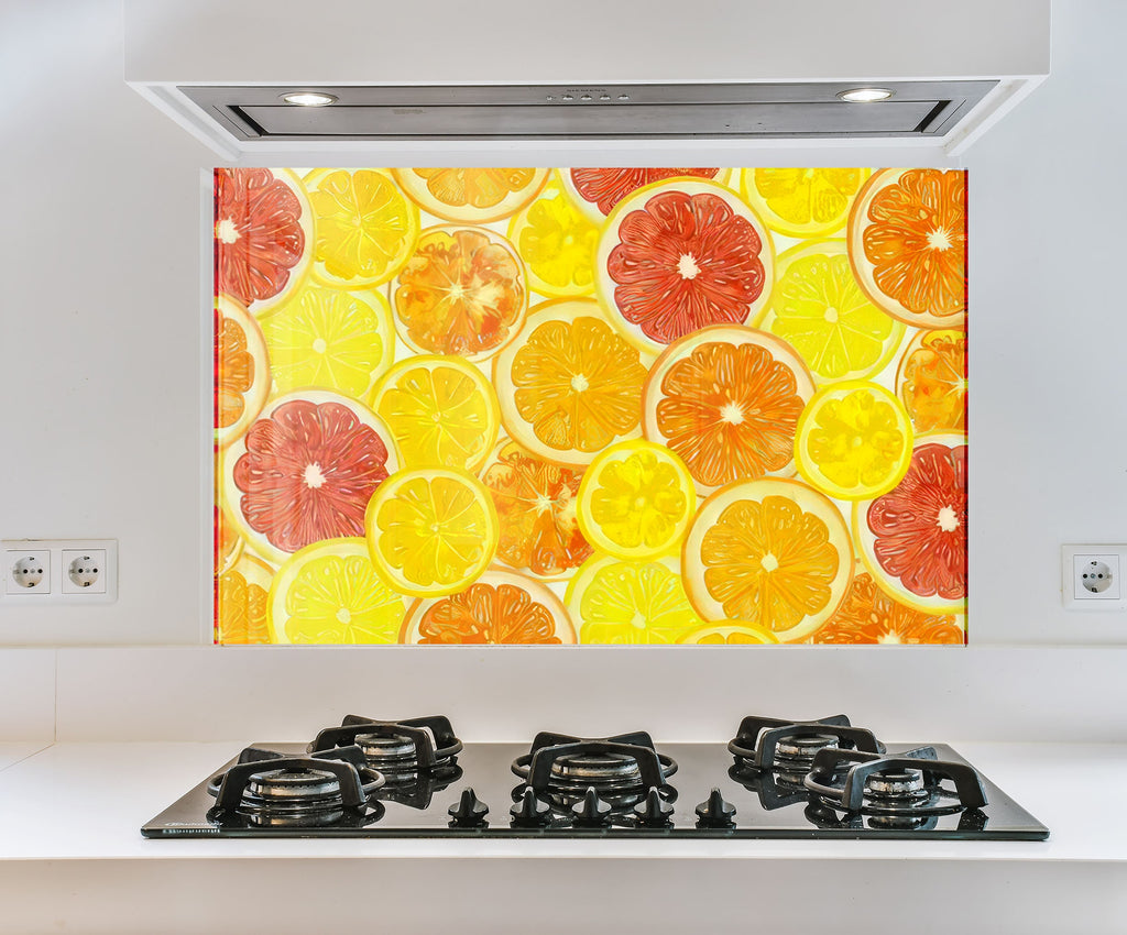 a painting of oranges and lemons on a yellow background