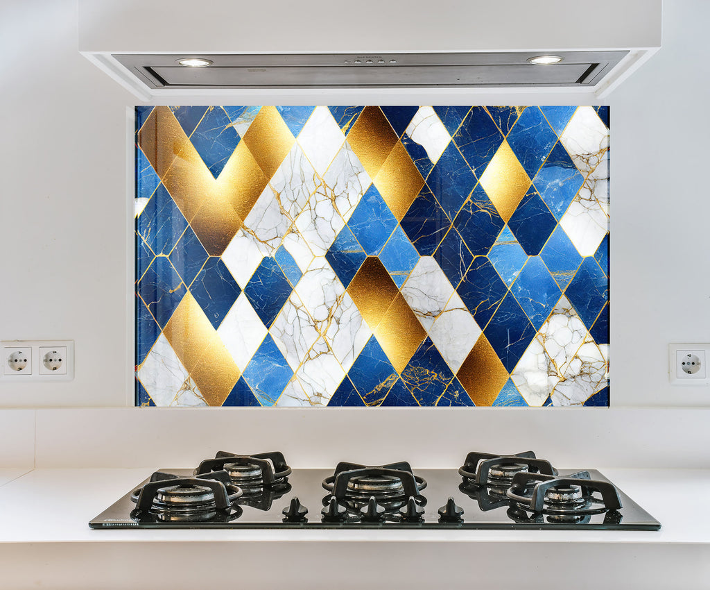 a picture of a blue and gold tile backsplash