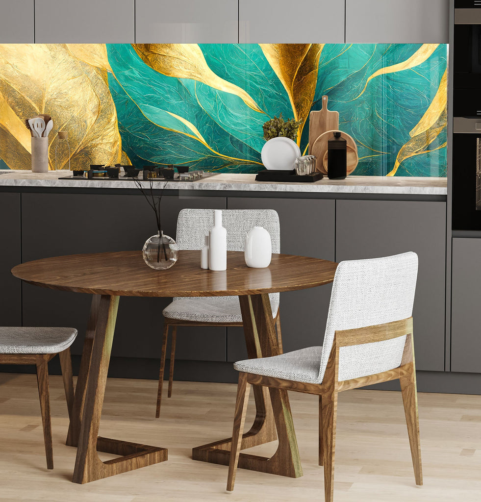 a kitchen with a wooden table and white chairs