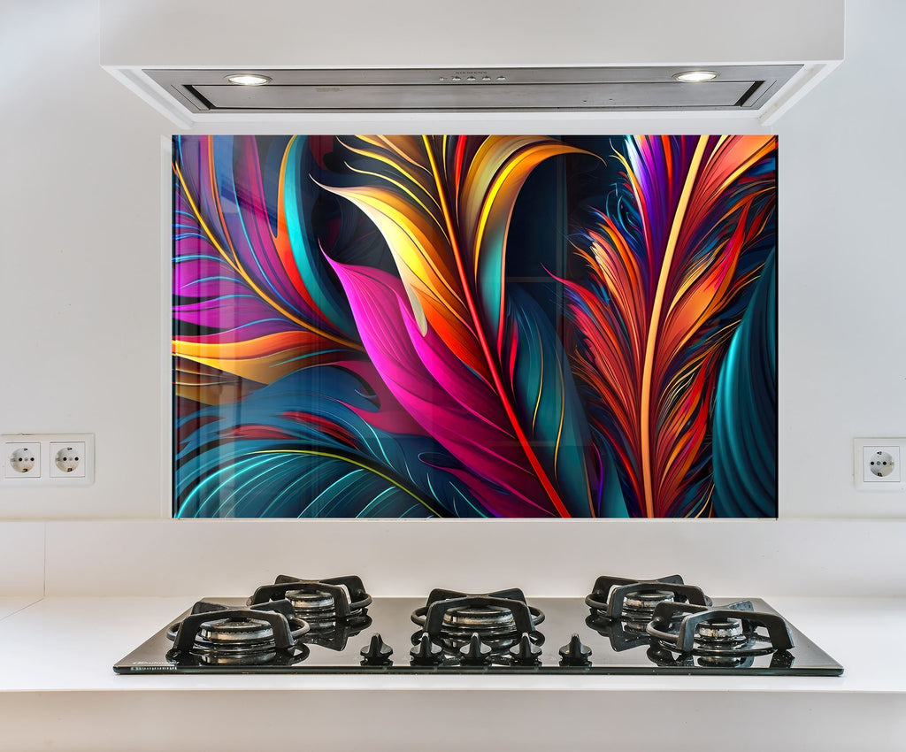 a picture of a colorful painting on a wall above a stove