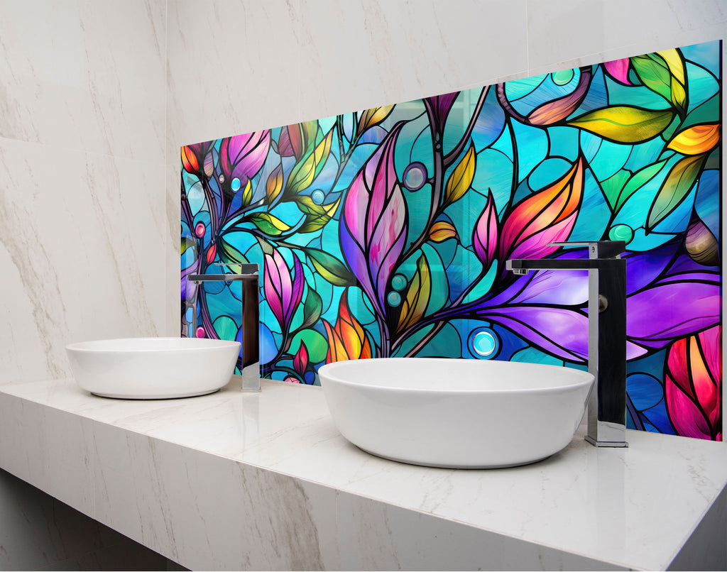 two white bowls on a counter in front of a colorful wall