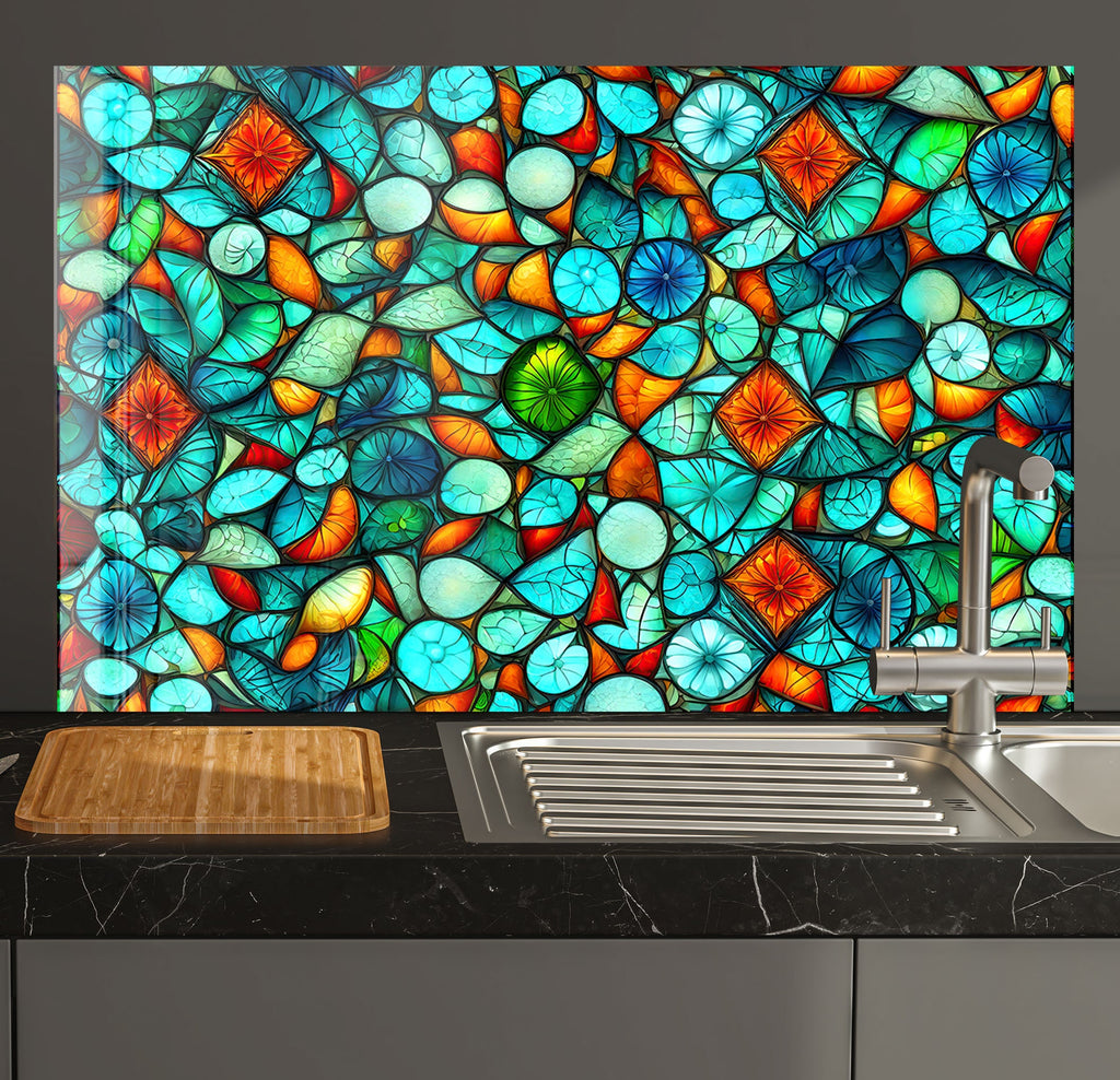 a kitchen with a sink and a large stained glass window