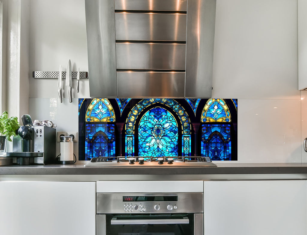 a kitchen with a stove top oven and a stained glass window