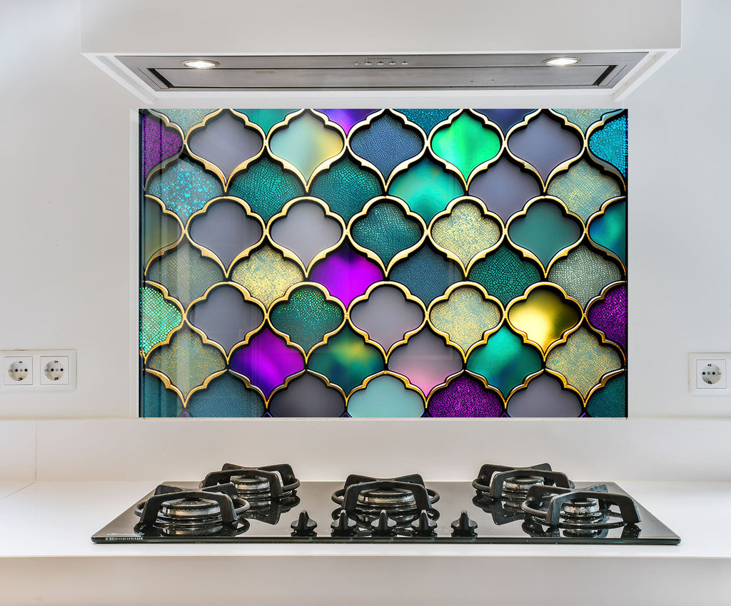 a kitchen with a stove top and a stained glass window