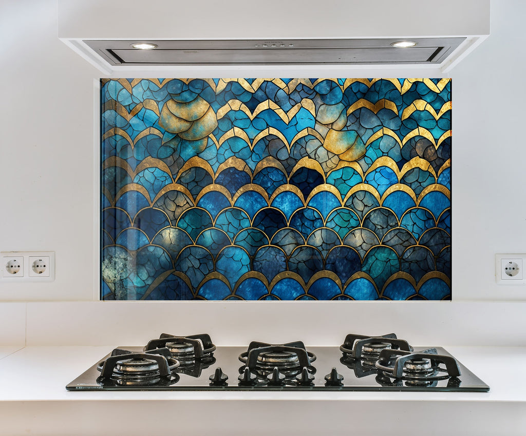 a picture of a kitchen with a blue and gold design on the wall