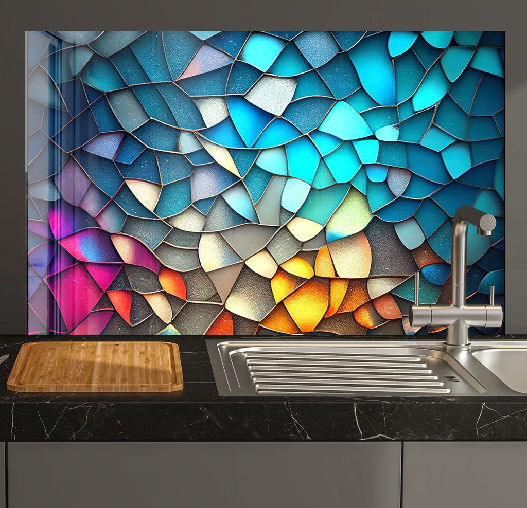 a kitchen counter with a sink and a painting on the wall