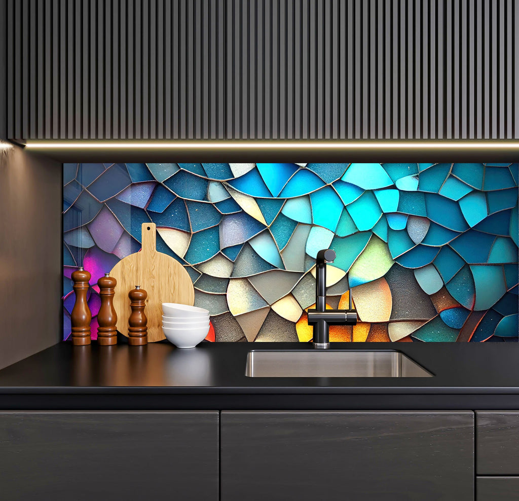 a kitchen counter with a sink and a mosaic tile backsplash