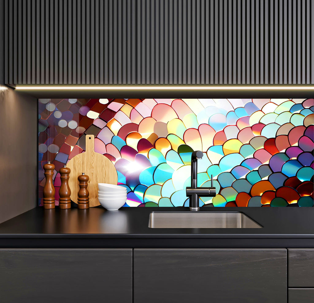 a kitchen counter with a sink and a painting on the wall behind it