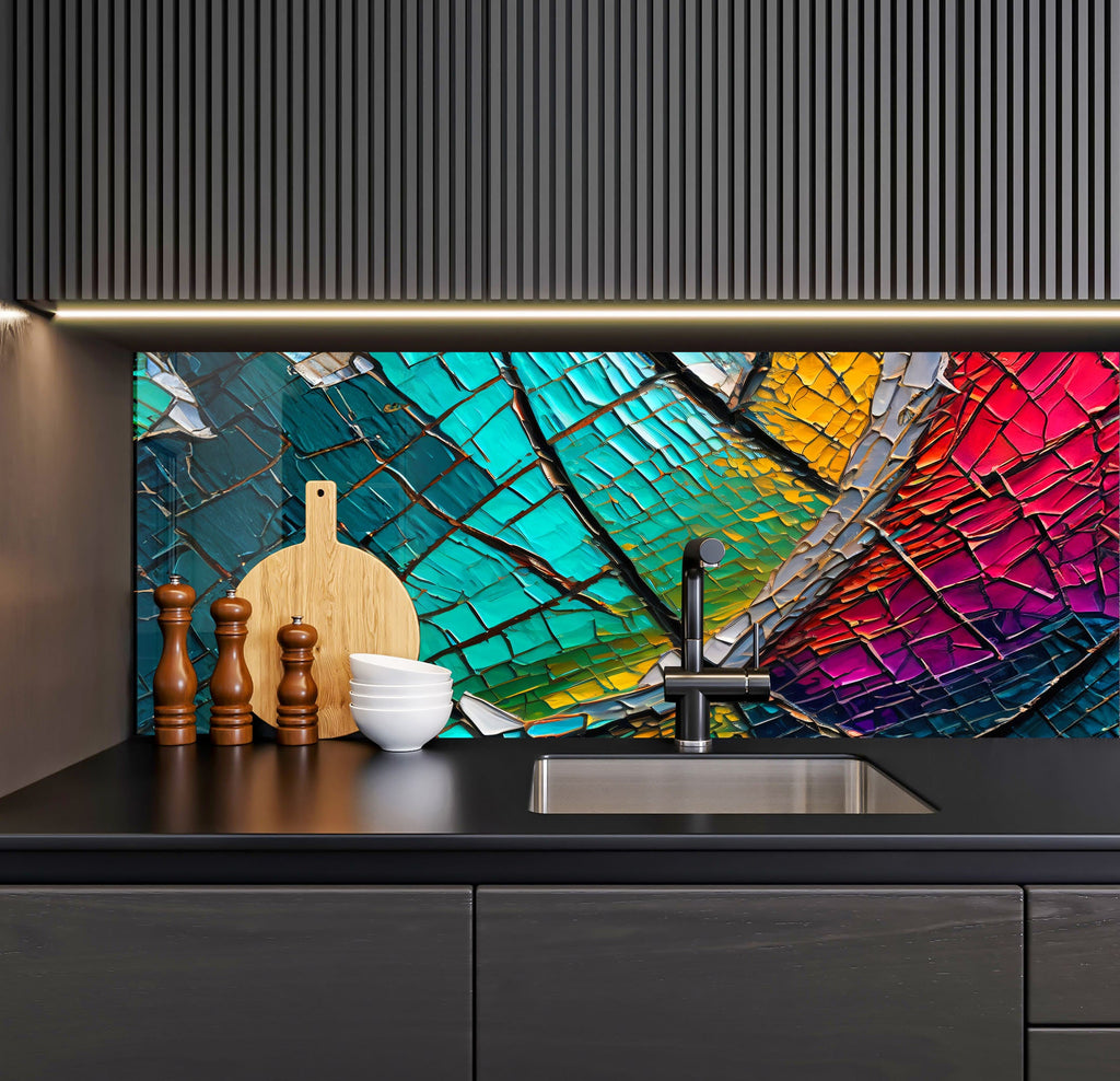 a kitchen counter with a sink and a painting on the wall behind it