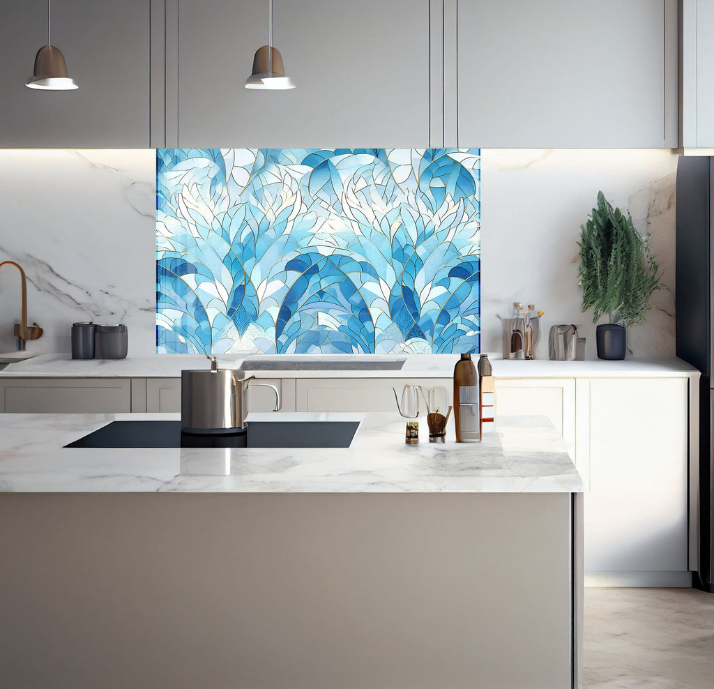 a kitchen with a marble counter top and a painting on the wall