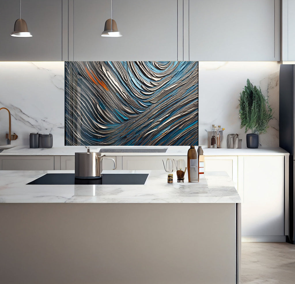 a kitchen with a marble counter top and a painting on the wall