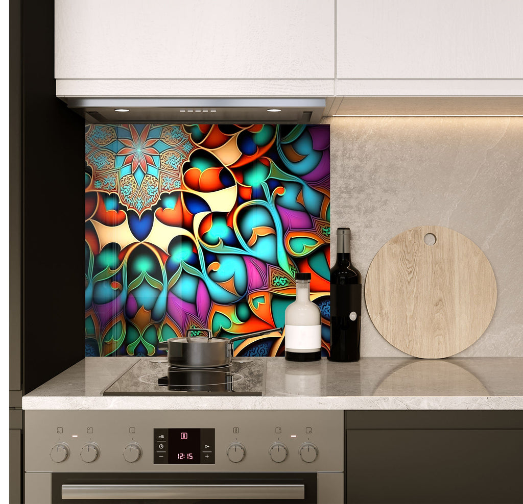 a stove top oven sitting under a colorful wall