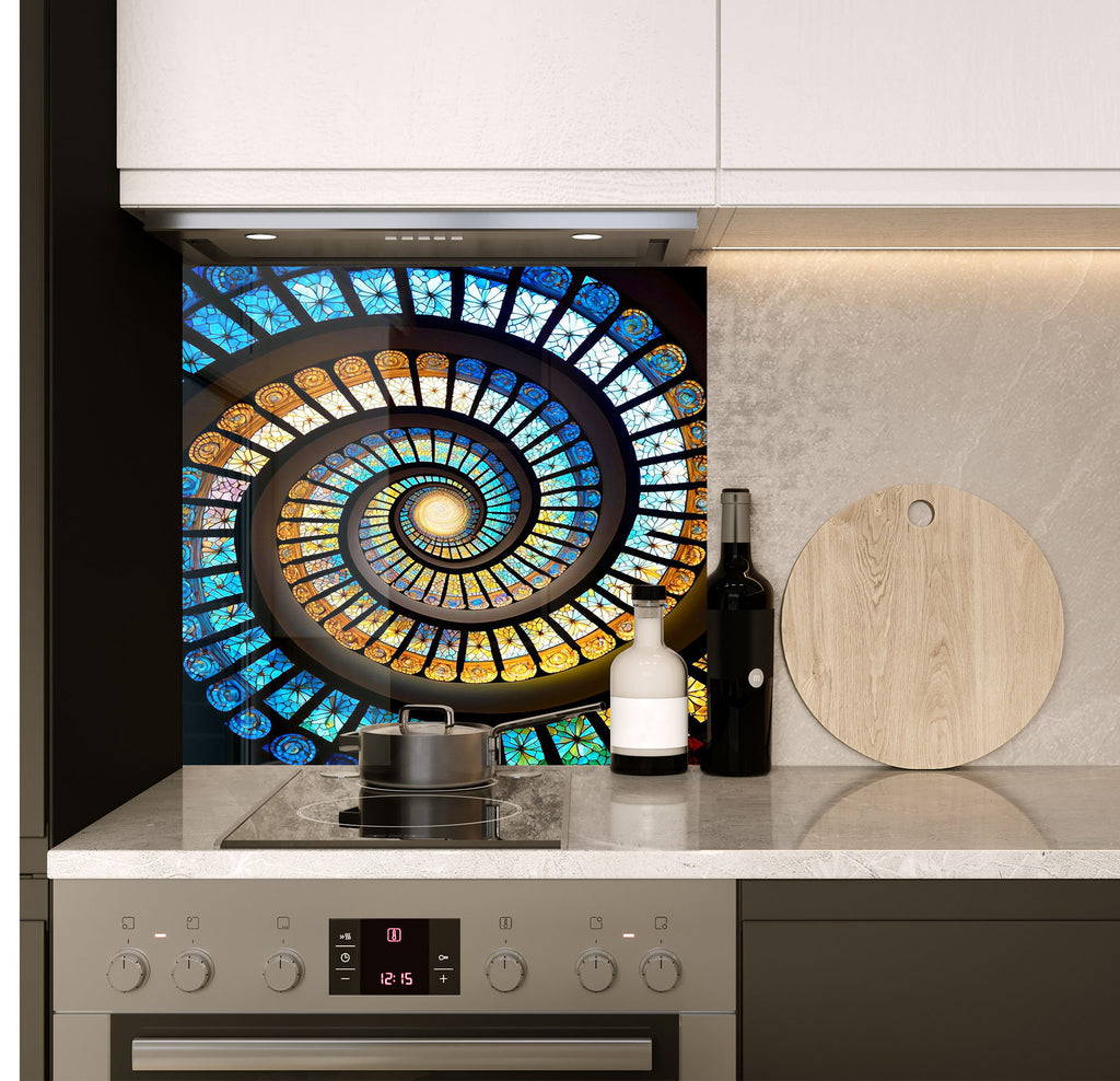 a kitchen with a stove top oven next to a bottle of wine