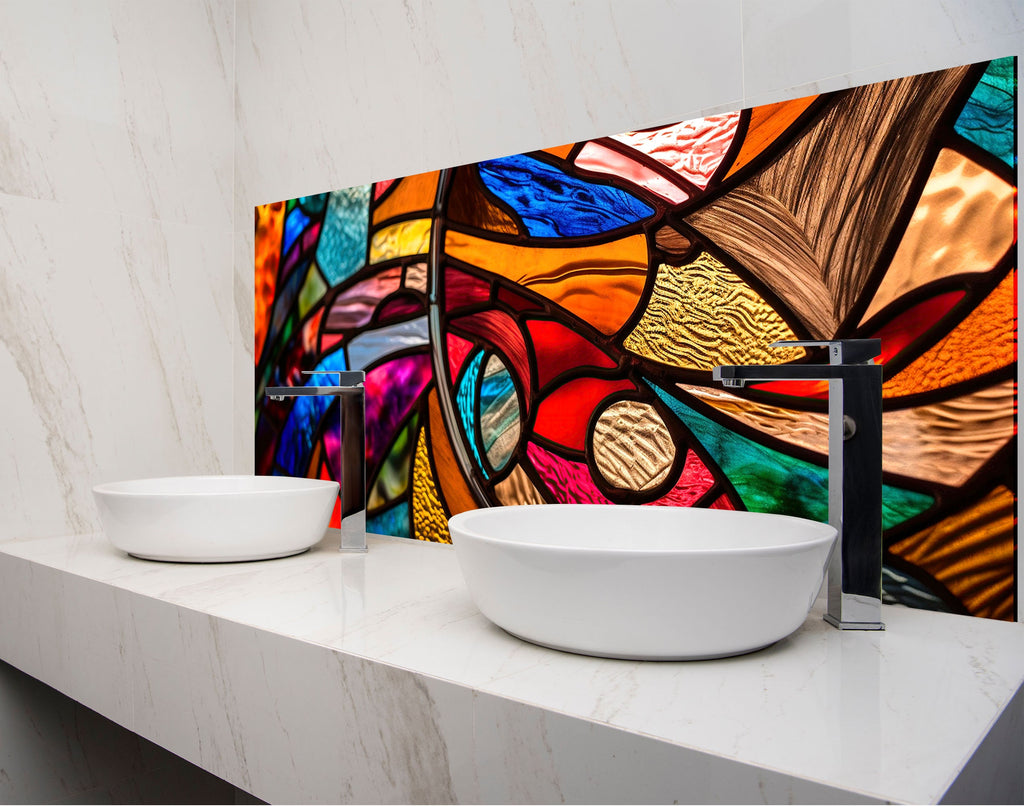 two white bowls on a counter in front of a stained glass wall