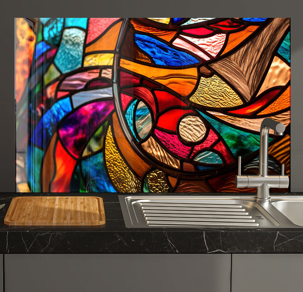 a kitchen with a sink and a large stained glass window